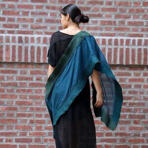 Christa Louise Artist Handmade Silk Wool Forest Green/Dark Blue Scarf 83"L